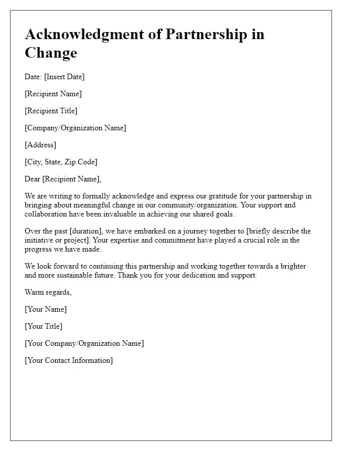 Letter template of acknowledgment for partnership in change.