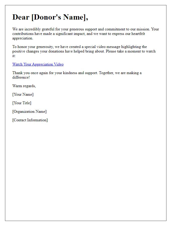 Letter template of recognition for donor video appreciation message
