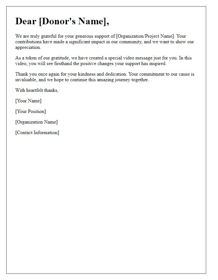 Letter template of special acknowledgment for donor video appreciation message