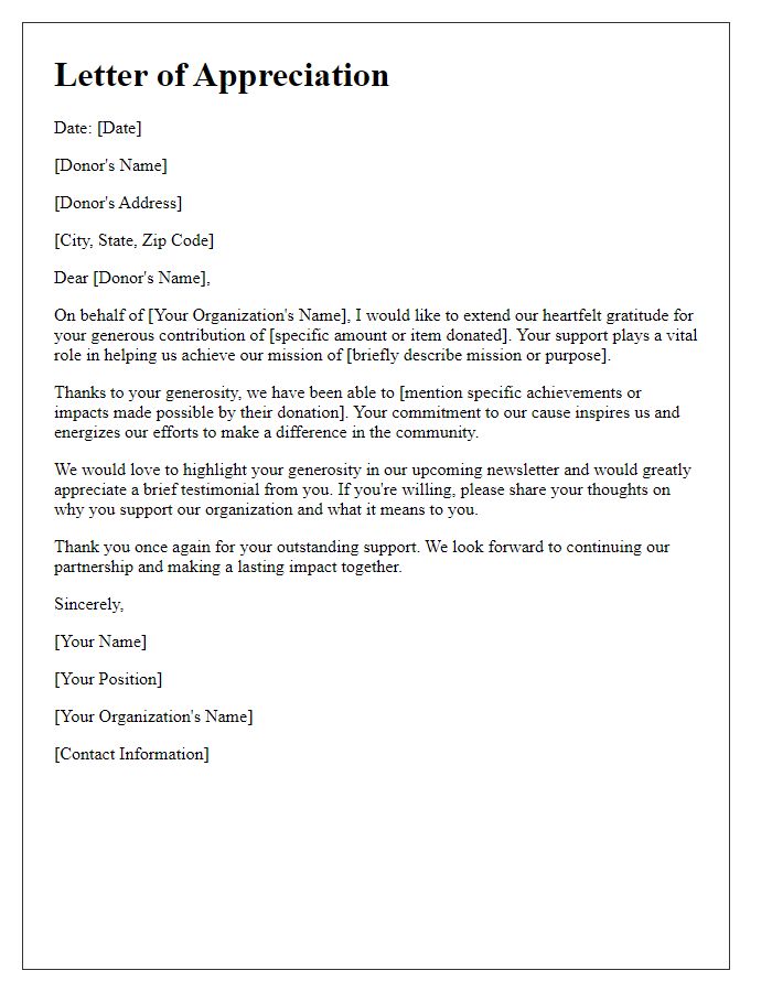 Letter template of Appreciation for Donor Testimonial