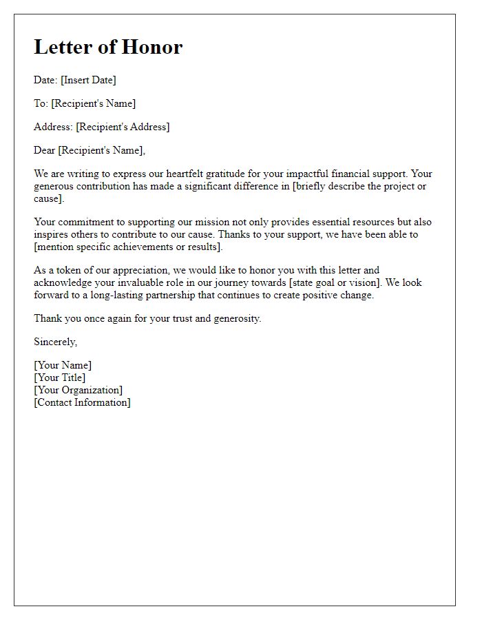 Letter template of honor for impactful financial support