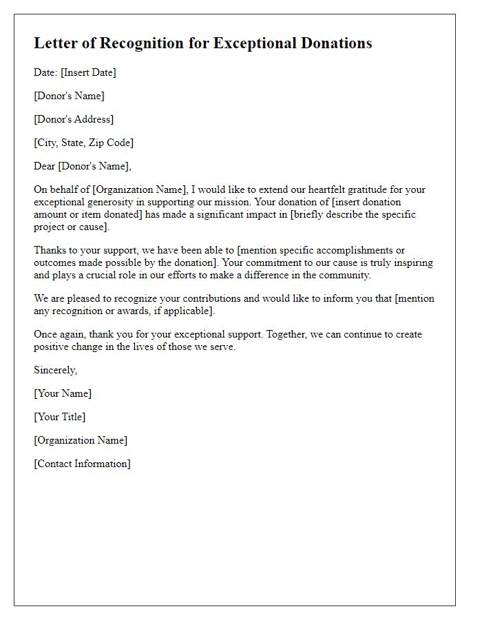 Letter template of recognition for exceptional donations