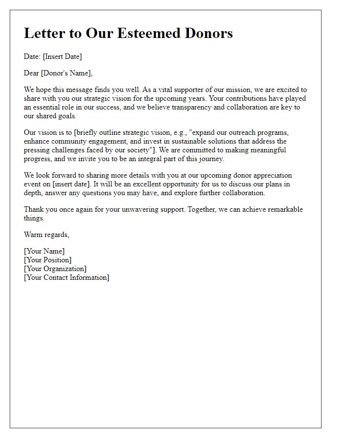 Letter template of strategic vision reveal to our esteemed donors.