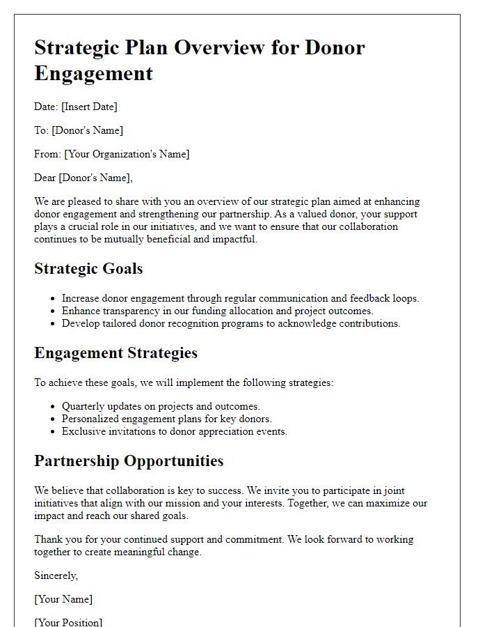 Letter template of strategic plan overview for donor engagement in partnership