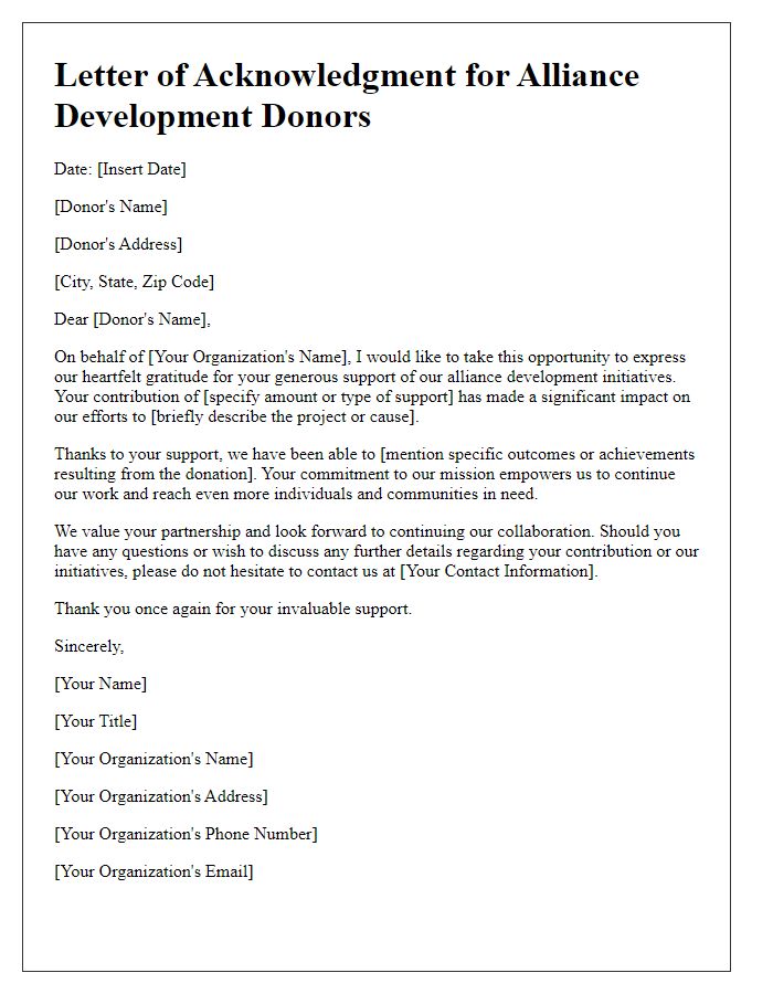 Letter template of acknowledgment for alliance development donors.