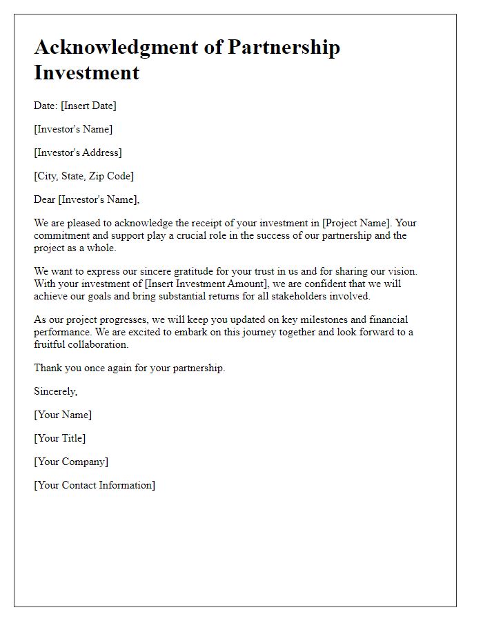 Letter template of acknowledgment for investors in partnership projects.