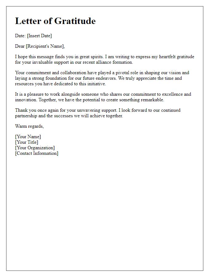 Letter template of gratitude for alliance formation supporters.