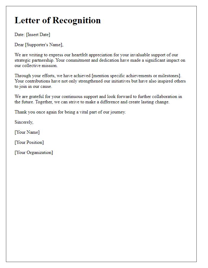 Letter template of recognition for supporters of strategic partnerships.