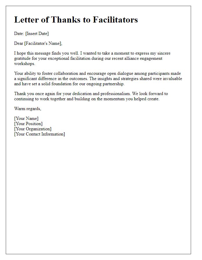 Letter template of thanks for facilitators of alliance engagement.