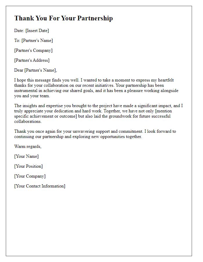 Letter template of thanks to partners for collaborative initiatives.