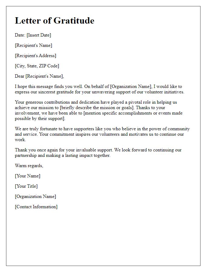 Letter template of gratitude for supporting our volunteer initiatives