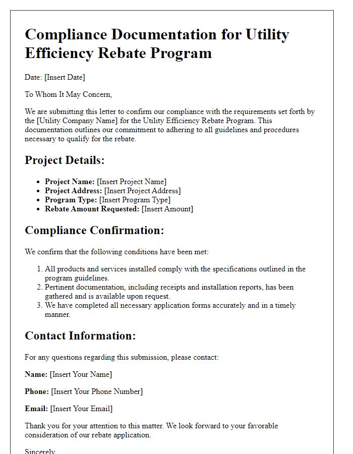 Letter template of compliance documentation for utility efficiency rebate programs