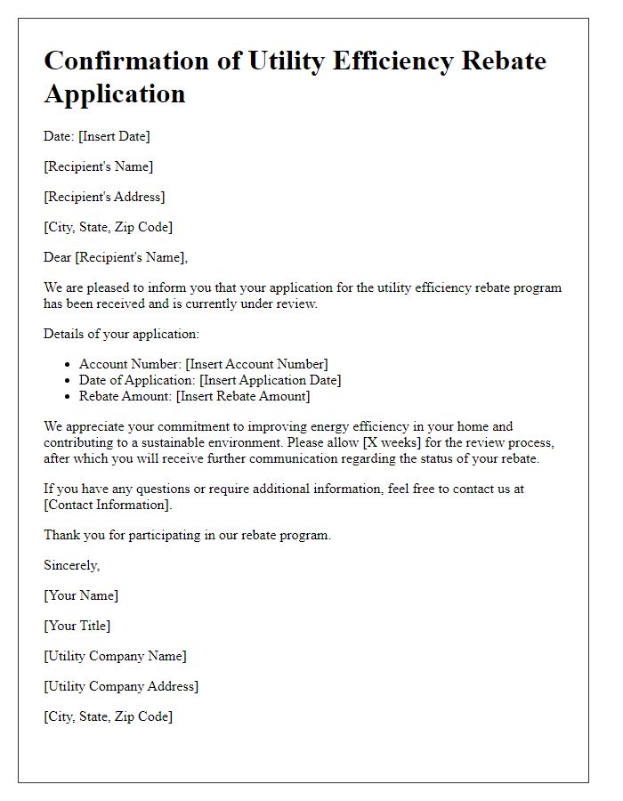 Letter template of confirmation for utility efficiency rebate programs