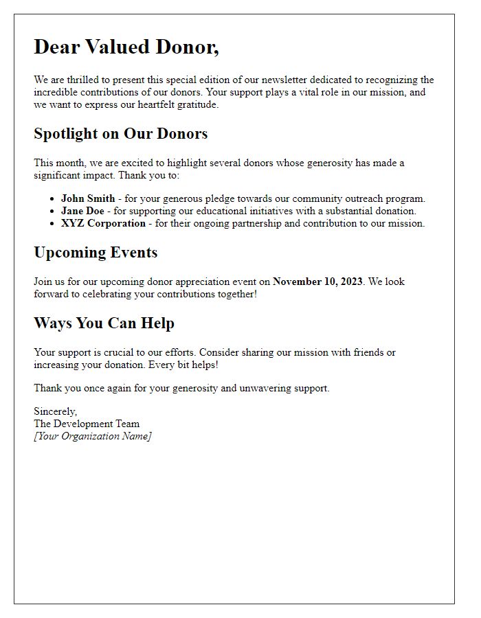 Letter template of Donor Recognition Special Newsletter