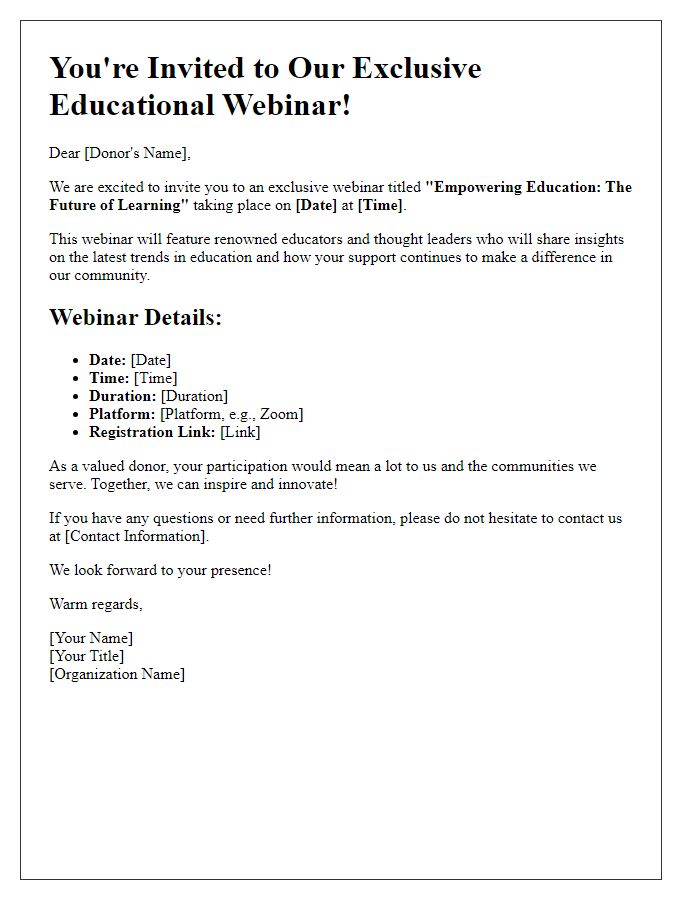 Letter template of educational webinar invitation for valued donors