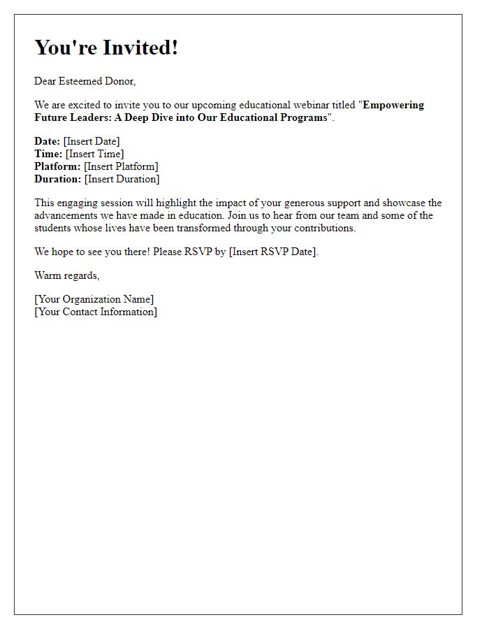 Letter template of engaging educational webinar invite for our esteemed donors