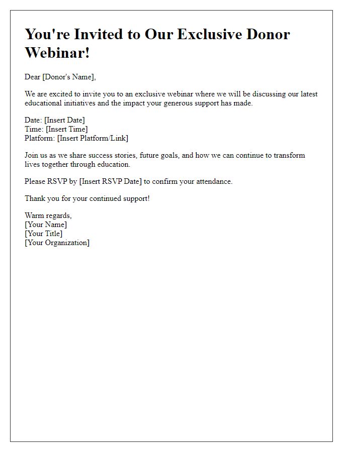 Letter template of exclusive donor webinar invitation on educational initiatives