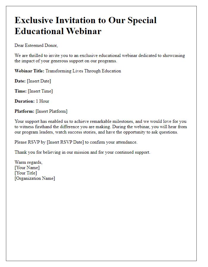 Letter template of special educational webinar invitation exclusively for donors