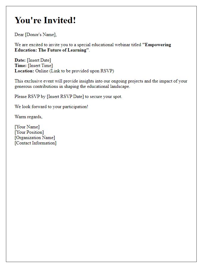 Letter template of special invitation for donors to attend an educational webinar