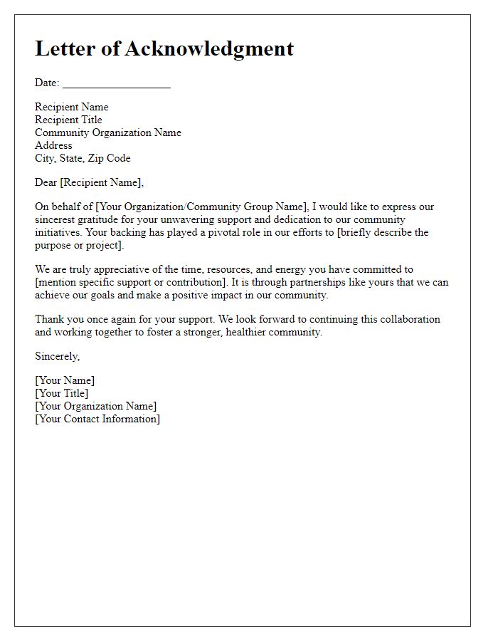 Letter template of acknowledgment for community backing