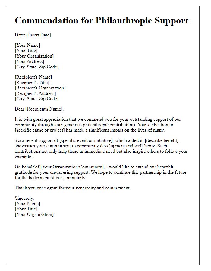 Letter template of commendation for community philanthropic support