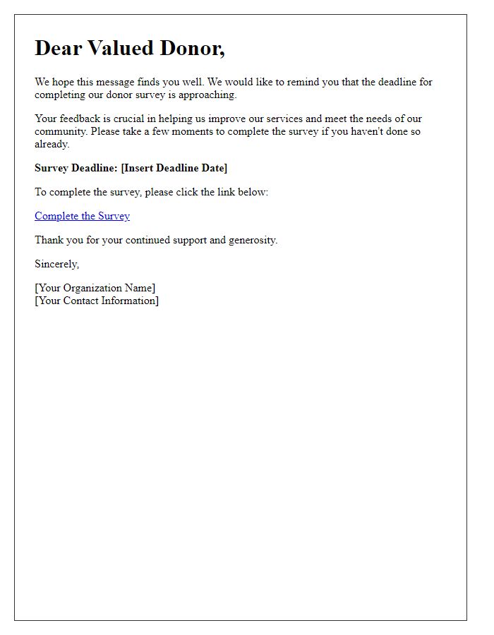Letter template of reminder for donors about the survey deadline
