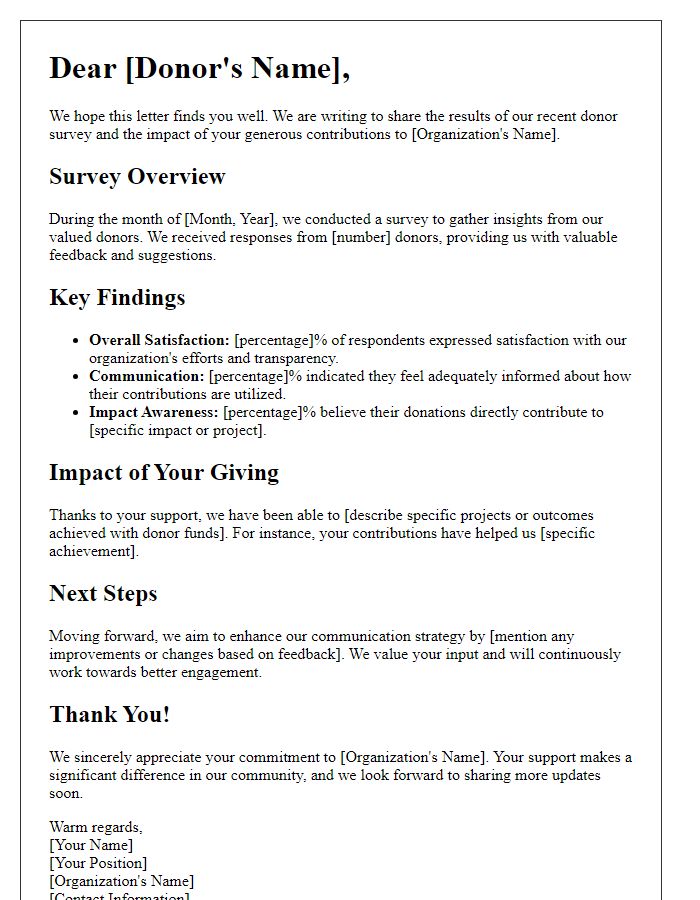 Letter template of summary of donor survey results and impact