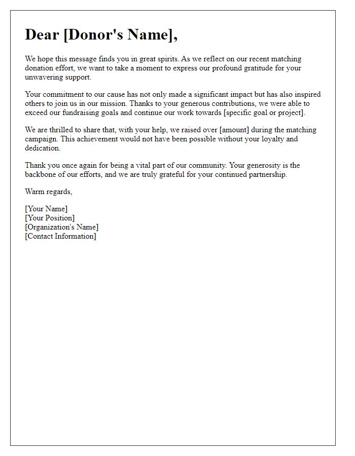 Letter template of appreciation for loyal donors in our matching donation effort