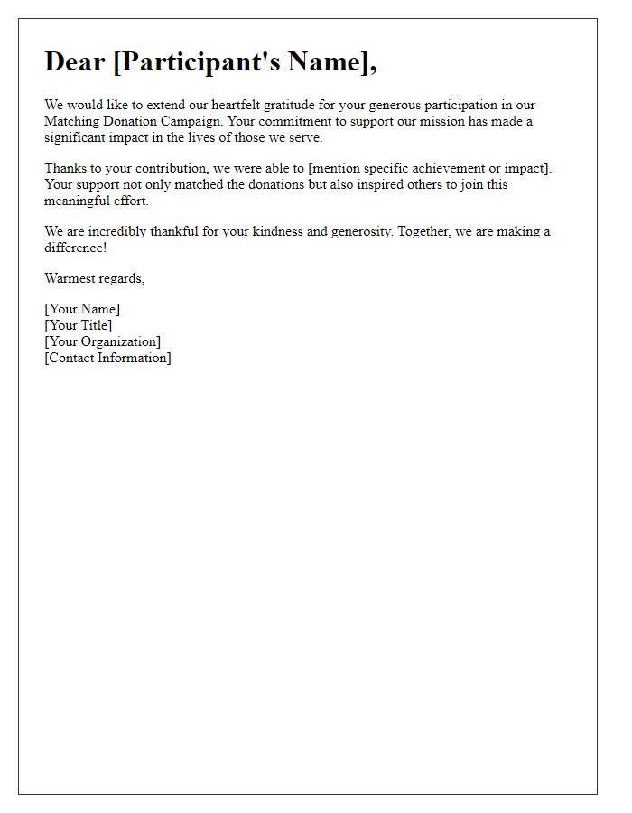 Letter template of appreciation for matching donation campaign participants