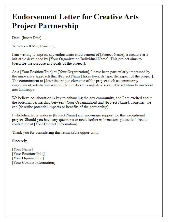 Letter template of endorsement for creative arts project partnership