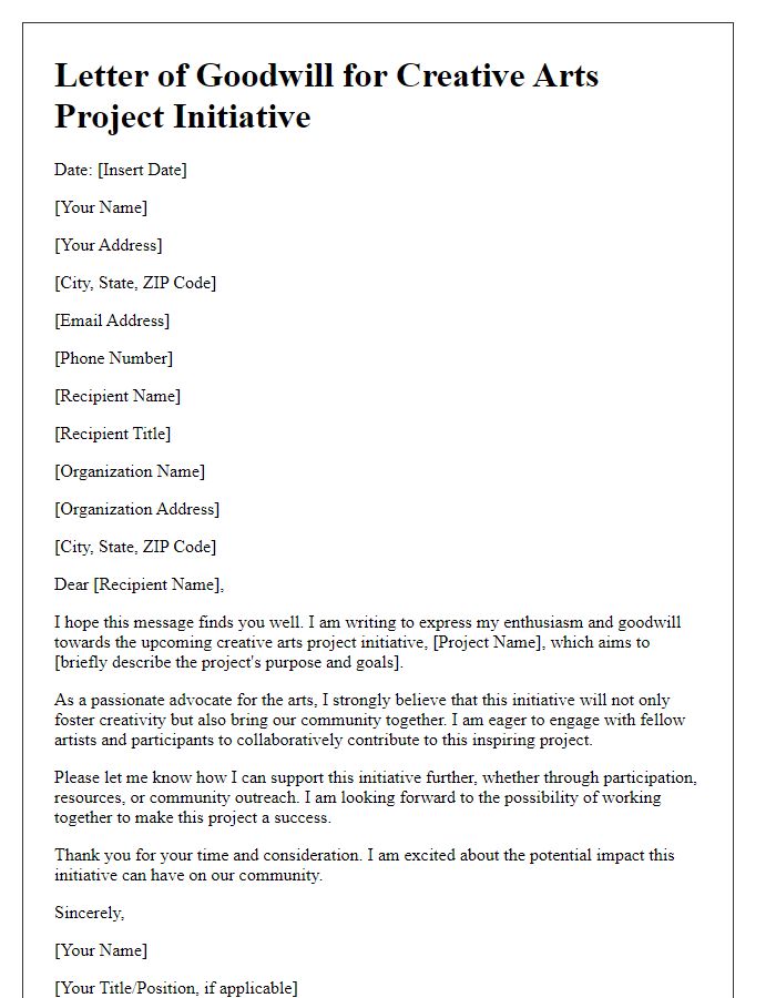 Letter template of goodwill for engagement in a creative arts project initiative