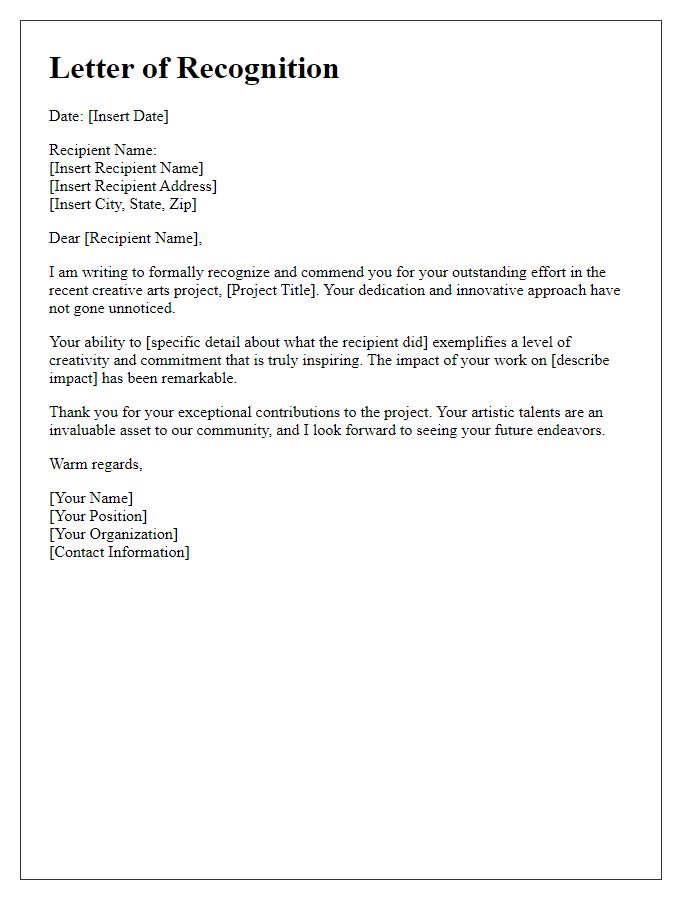 Letter template of recognition for outstanding creative arts project effort