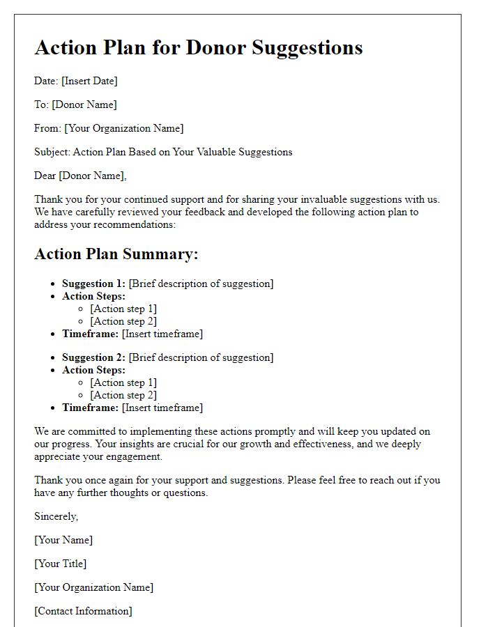 Letter template of action plan for donor suggestions.