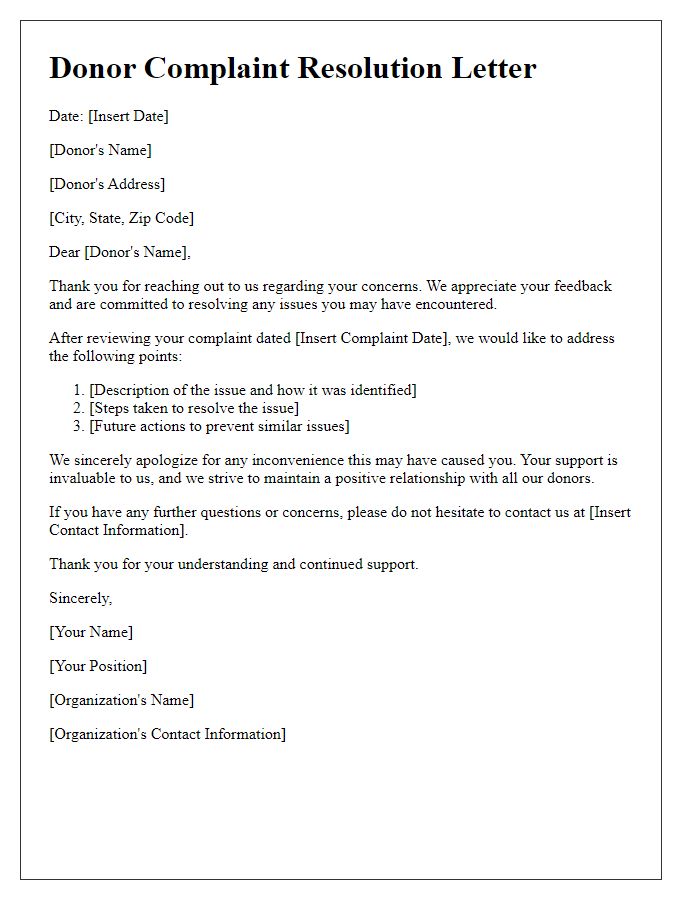 Letter template of resolution for donor complaints.