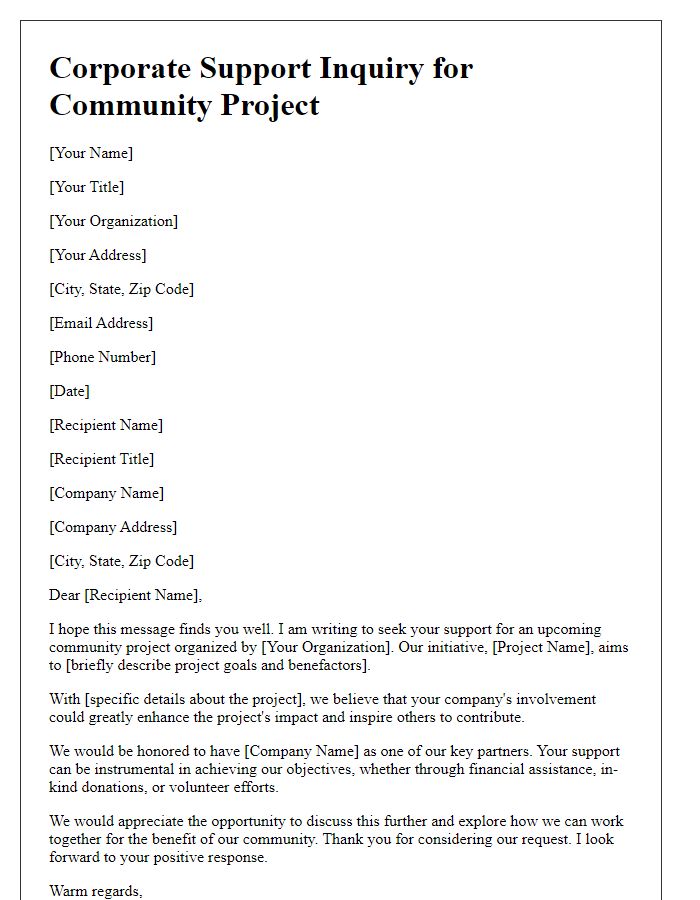 Letter template of corporate support inquiry for community projects