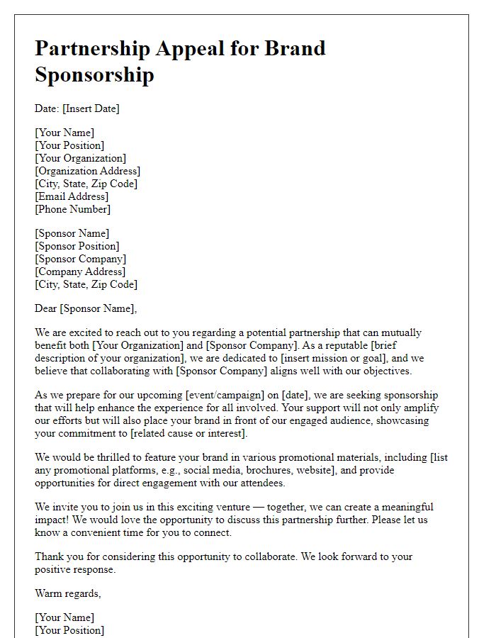 Letter template of partnership appeal for brand sponsorship