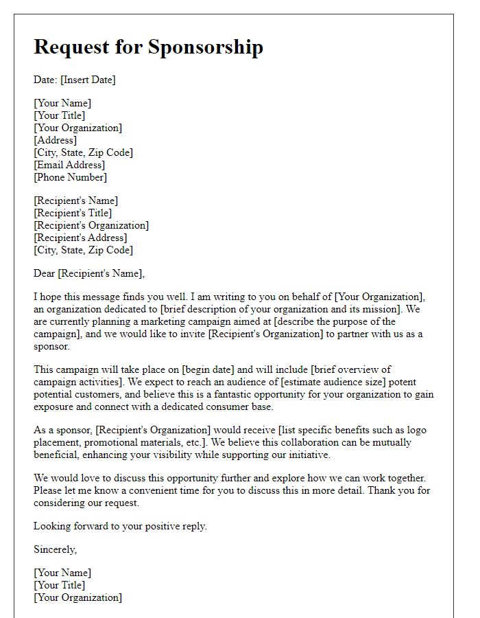 Letter template of promotional sponsorship request for marketing campaigns