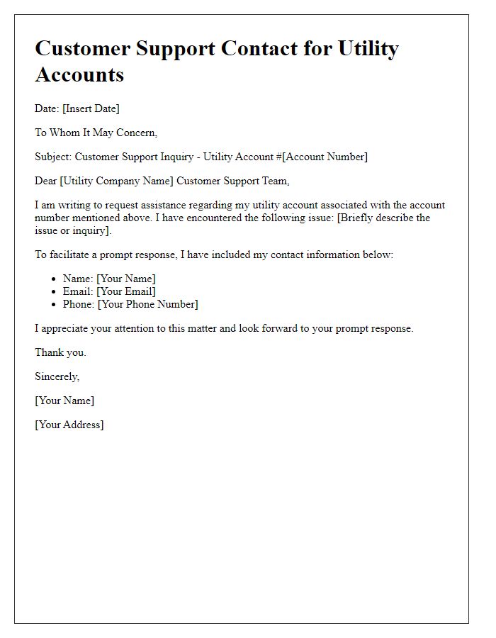 Letter template of customer support contact for utility accounts.