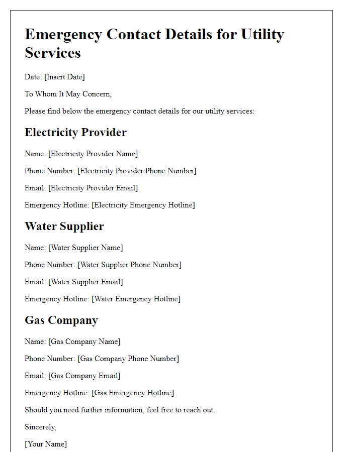 Letter template of emergency contact details for utility services.