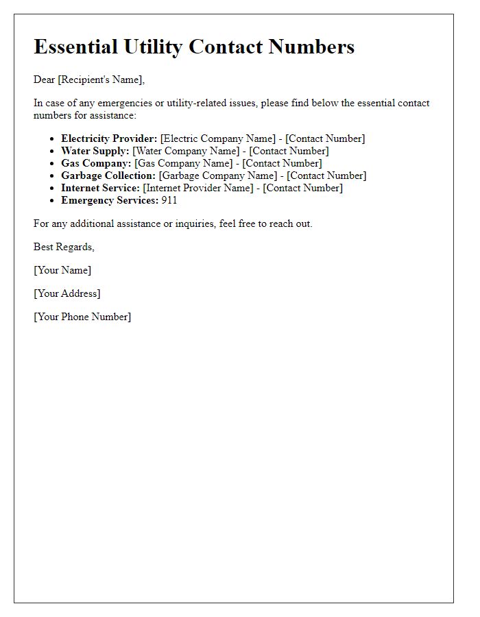 Letter template of essential utility contact numbers for assistance.