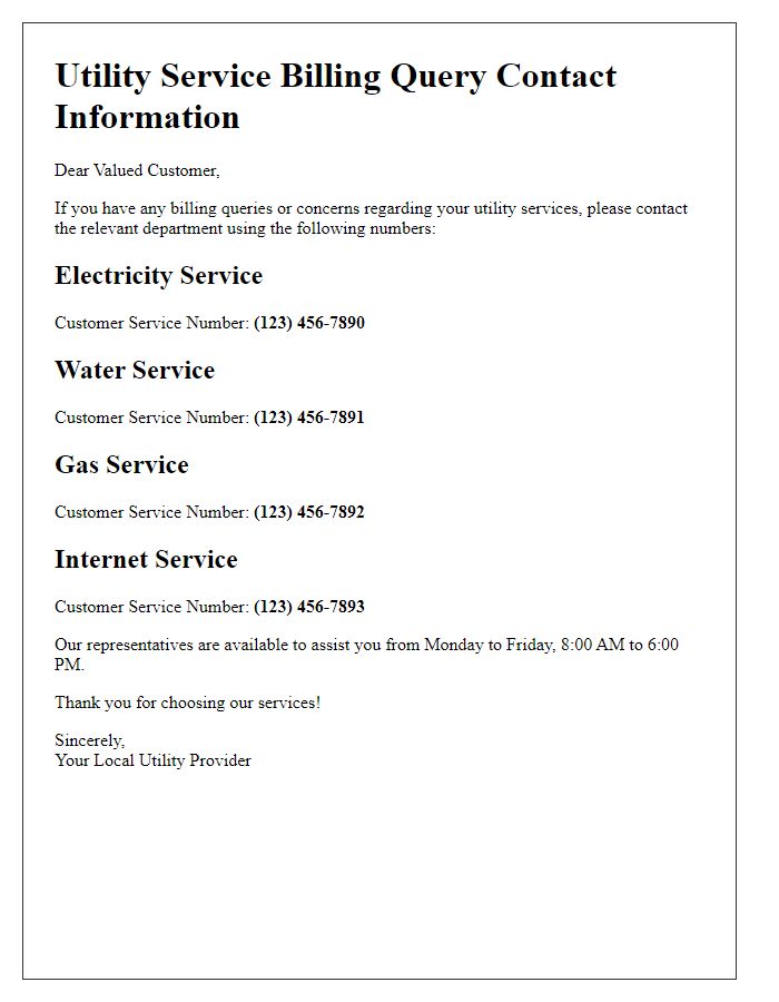 Letter template of local utility service numbers for billing queries.