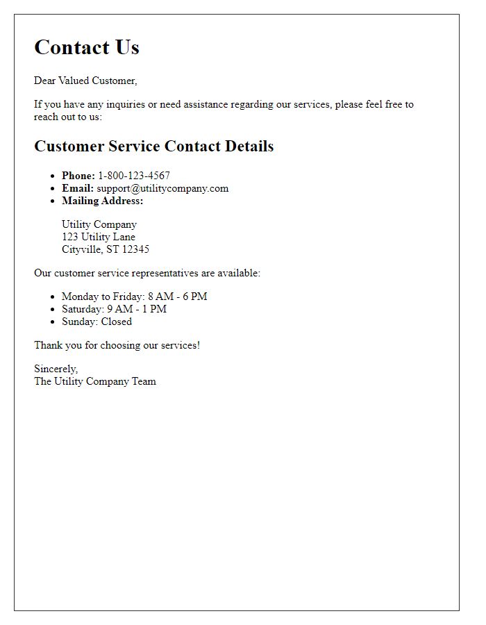 Letter template of utility company contact details for customer service inquiries.