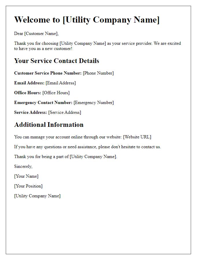 Letter template of utility company service contact details for new customers.