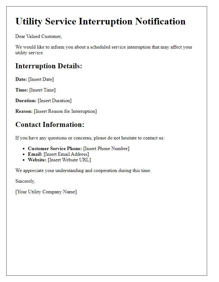 Letter template of utility contact information for service interruptions.