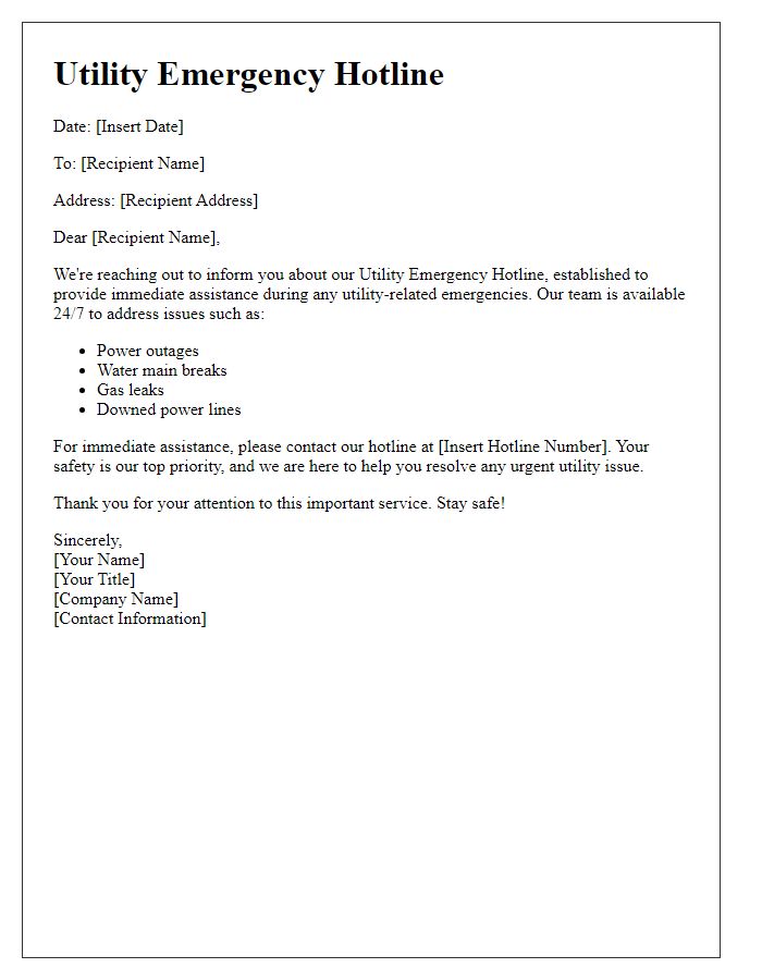 Letter template of utility emergency hotline for immediate assistance.