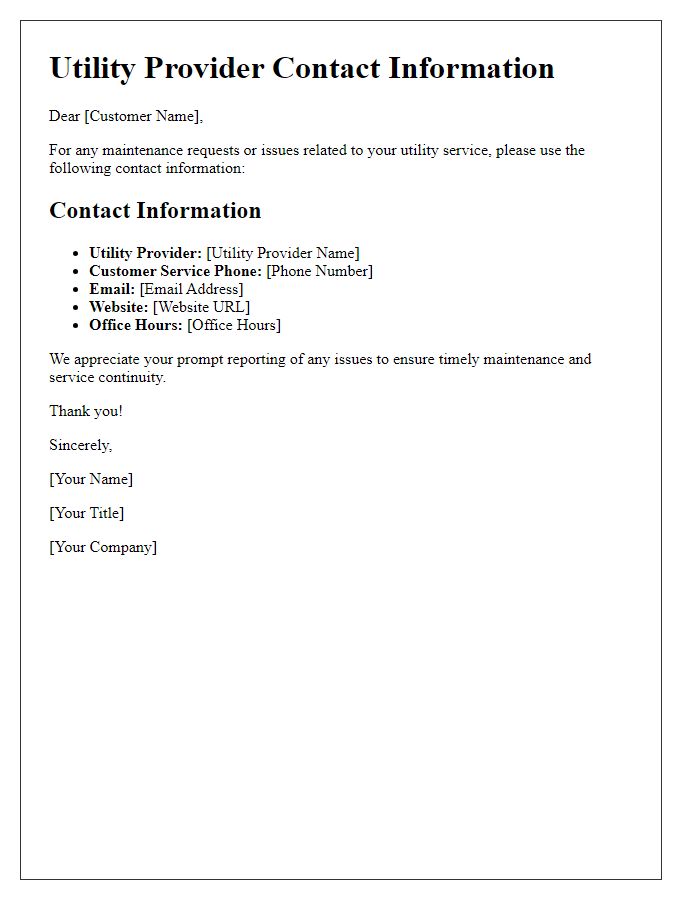 Letter template of utility provider contact information for maintenance requests.