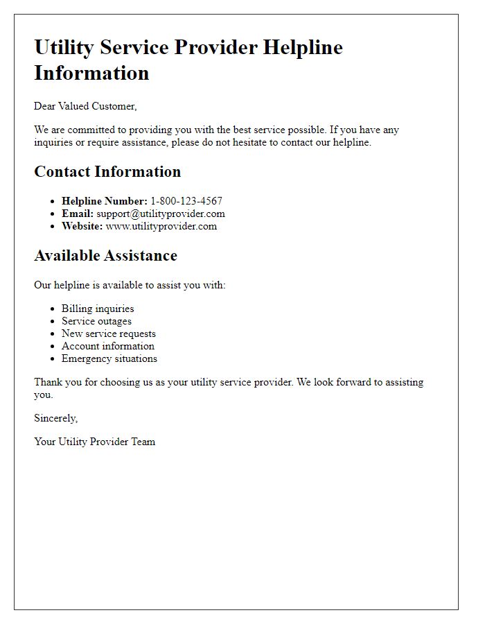 Letter template of utility service provider helpline information.