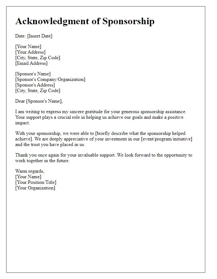 Letter template of acknowledgment for sponsorship assistance