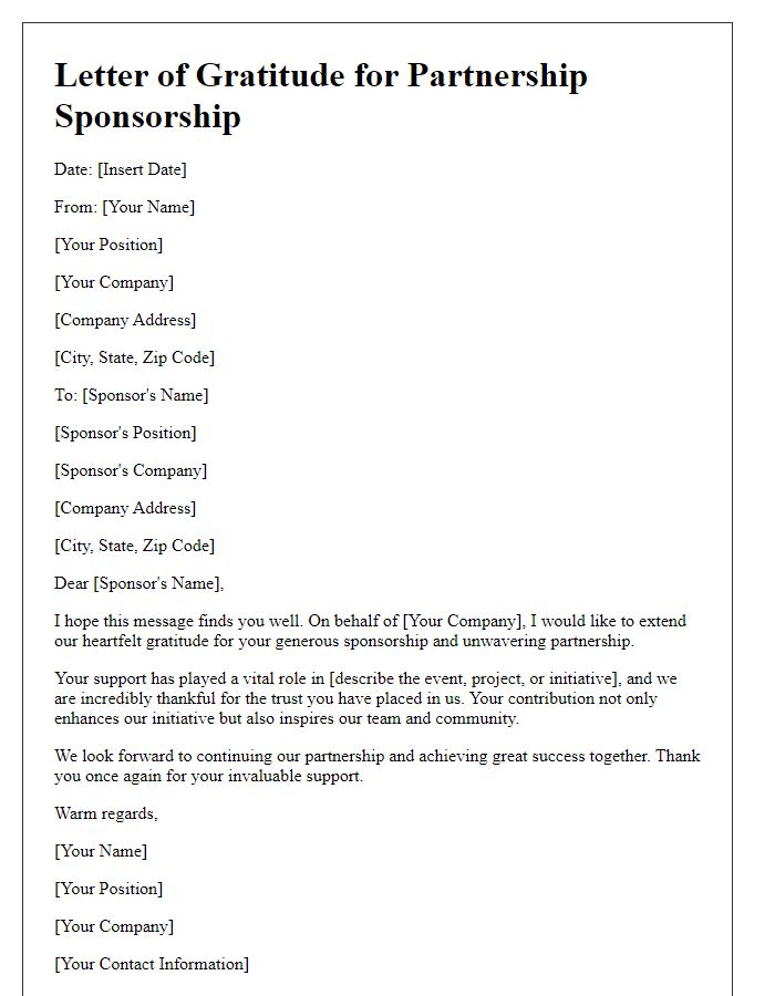 Letter template of gratitude for partnership sponsorship