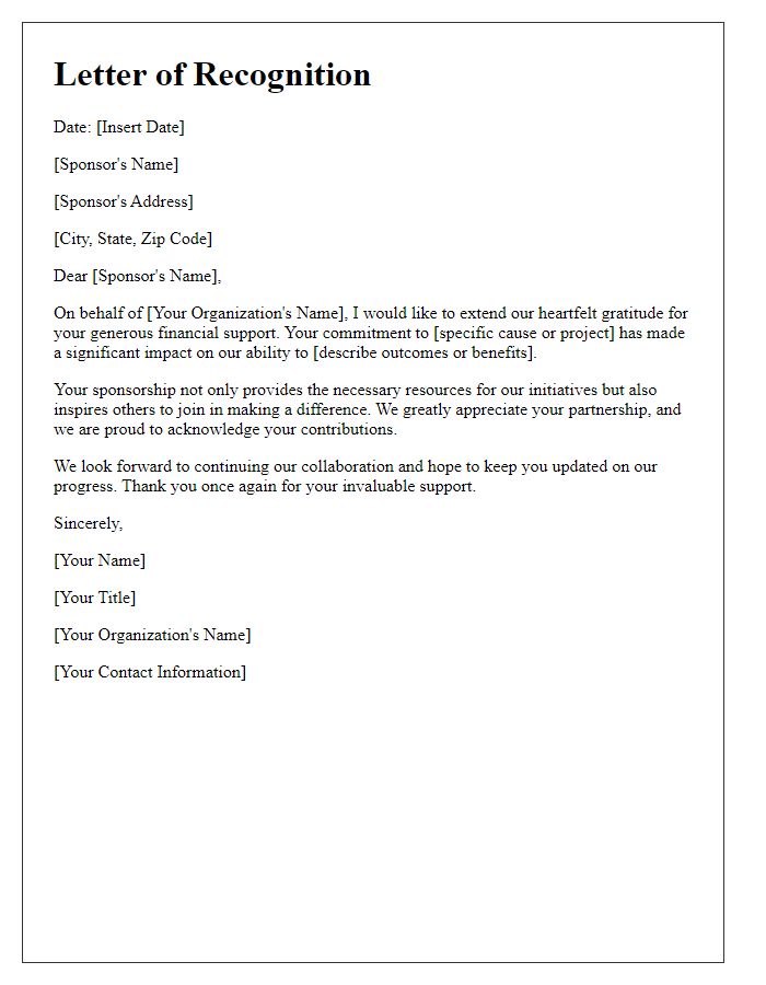 Letter template of recognition for sponsors financial support